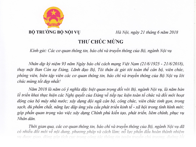 Thư chúc mừng của Bộ trưởng Bộ Nội vụ Lê Vĩnh Tân nhân ngày Báo chí cách mạng Việt Nam 21/6