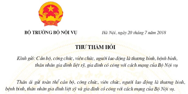 Bộ trưởng Bộ Nội vụ gửi thư thăm hỏi đến công chức, viên chức, người lao động là thương binh, thân nhân gia đình liệt sỹ, gia đình có công với cách mạng của Bộ Nội vụ