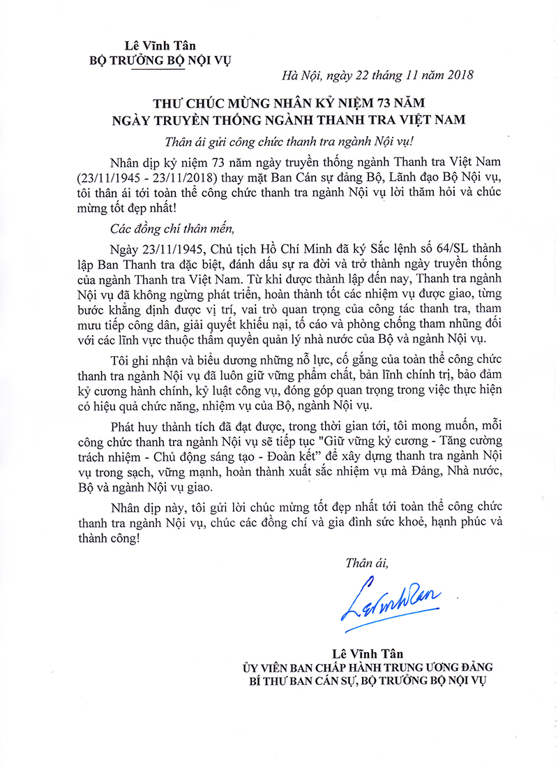 Thư chúc mừng của Bộ trưởng Lê Vĩnh Tân nhân kỷ niệm 73 năm ngày truyền thống ngành Thanh tra Việt Nam