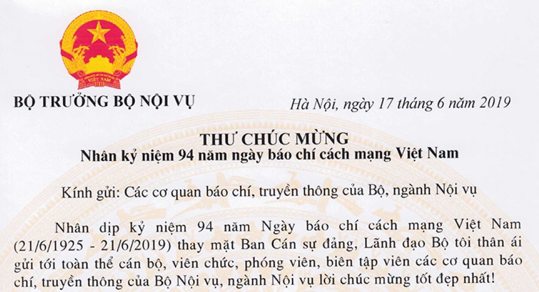 Bộ trưởng Bộ Nội vụ Lê Vĩnh Tân gửi thư chúc mừng ngày Báo chí cách mạng Việt Nam 21-6