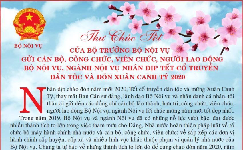 Thư chúc Tết của Bộ trưởng Bộ Nội vụ nhân dịp Xuân Canh Tý 2020