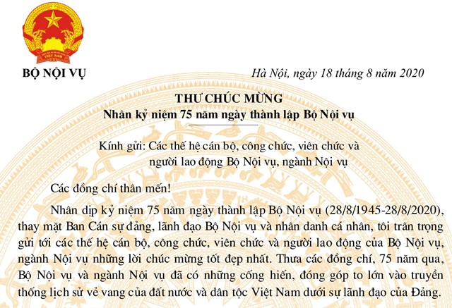 Thư chúc mừng của Bộ trưởng Lê Vĩnh Tân nhân dịp kỷ niệm 75 năm Ngày thành lập Bộ Nội vụ