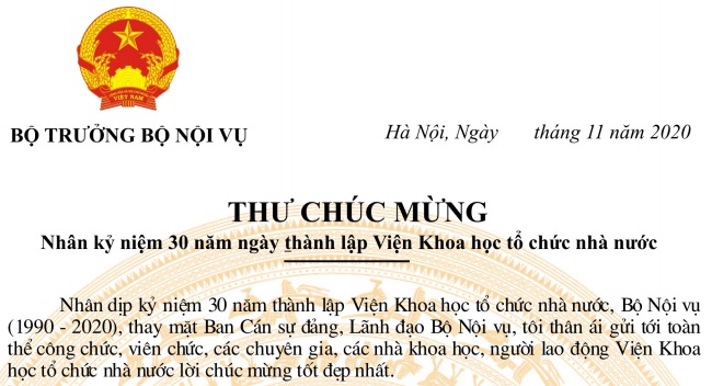 Bộ trưởng Bộ Nội vụ Lê Vĩnh Tân gửi thư chúc mừng nhân kỷ niệm 30 năm ngày thành lập Viện Khoa học tổ chức nhà nước