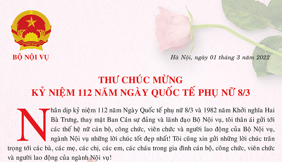 Thư chúc mừng 112 năm Ngày Quốc tế Phụ nữ 8/3 của Bộ trưởng Bộ Nội vụ 